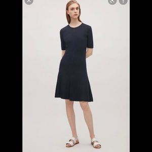 COS navy blue ribbed flared dress size small #85